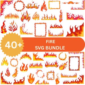 May include: A collection of 40+ fire-themed SVG graphics in various shapes and styles. The designs include flames, borders, and frames in shades of red, orange, and yellow. The text "FIRE SVG BUNDLE" is displayed on an orange banner.