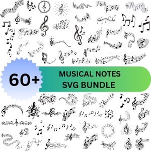 Op de afbeelding: Een verzameling van meer dan 60 zwarte muzieknoten en symbolen, waaronder G-sleutels, achtste noten en gebogen notenbalken. De tekst "MUSICAL NOTES SVG BUNDLE" wordt weergegeven op een groene gradiënt achtergrond, met het nummer "60+" in een blauwe ster vorm.