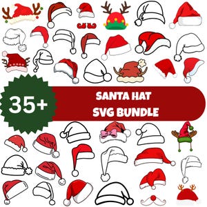 May include: A collection of Santa hats and holiday-themed SVG designs. The image features various red and white Santa hats, some with pom-poms, antlers, and other festive details. Text reads "SANTA HAT SVG BUNDLE" and "35+".