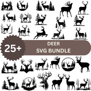 Op de afbeelding: Een verzameling van meer dan 25 zwarte herten silhouet ontwerpen, waaronder herten met geweien, bomen en bosscènes. De tekst "DEER SVG BUNDLE" wordt weergegeven in een bruine banner, en het nummer "25+" heeft de vorm van een ster.