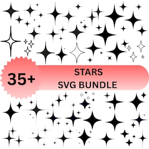 Può includere: Una collezione di stelle nere di varie dimensioni e stili, inclusi disegni pieni e contornati. L'immagine presenta un banner rosa e rosso con il testo "STARS SVG BUNDLE" e un'etichetta "35+".