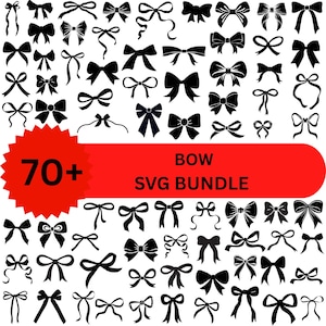 Op de afbeelding: Een verzameling van meer dan 70 zwarte strik ontwerpen in verschillende stijlen op een witte achtergrond. Een rode banner toont de tekst "BOW SVG BUNDLE". Een rode ster vorm toont de tekst "70+".