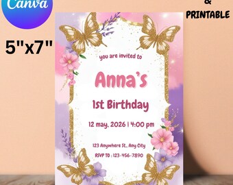 Purple Butterfly Birthday Invitation: Girl Party, Editable Canva Template (Digital Download)
