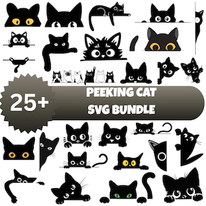 May include: A collection of black cat SVG designs. The cats have various poses, including peeking over edges, with different eye colors. The image includes the text "25+ PEEKING CAT SVG BUNDLE".