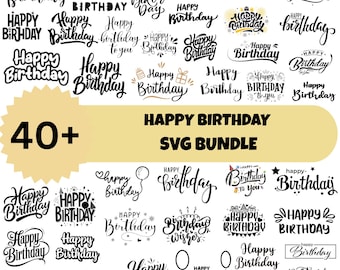 May include: A collection of over 40 Happy Birthday SVG designs in various fonts and styles. The designs include balloons, gifts, and celebratory text, perfect for crafting projects.