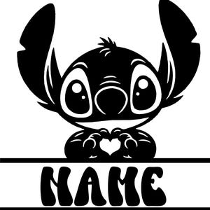 May include: A black and white graphic featuring a cartoon character with large eyes and ears, making a heart shape with its hands. The word "NAME" is written in bold letters below.