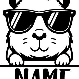 Könnte beinhalten: Schwarz-weiße Illustration eines niedlichen Tieres mit Sonnenbrille. Das Tier hat einen pelzigen Kopf, Ohren und Pfoten. Das Wort "NAME" steht in fetten, schwarzen Buchstaben auf einem weißen rechteckigen Banner.