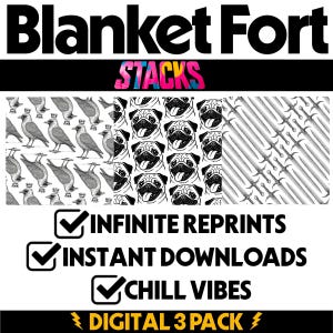 Può includere: Pacchetto digitale da 3 con motivi di corvi, carlini e spade. L'immagine include il testo "Blanket Fort Stacks", "Infinite Reprints", "Instant Downloads" e "Chill Vibes".