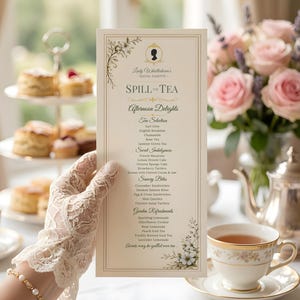 Modelo de Menu para Chá da Tarde no Estilo Regência, Editável no Canva, Cartão de Menu 4x9 para Chá de Panela ou Festa no Jardim, Menu "Spill the Tea" no Estilo Regência para Imprimir