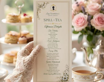 Regency Tea Party Menu Template Editable Canva Menu Card 4x9 Bridal Shower Garden Party Menu Regency Spill The Tea Printable