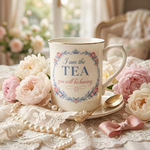 May include: A cream-coloured ceramic mug with gold edging, inscribed with "I am the TEA you will be having" within a floral wreath. The mug rests on a saucer with a gold spoon, alongside pink and white flowers, pearls, and a pink bow.