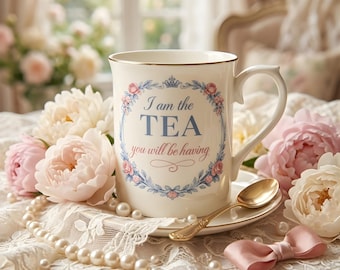 私はティーです PNG ブリジャートン風マグカップ ヴィンテージティーカップ ロマンチックな本好きへの彼女へのギフト (デジタル)