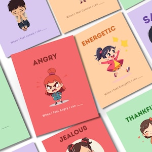 Peut inclure: Un ensemble de cartes colorées avec des illustrations de dessins animés représentant différentes émotions. Les cartes comportent des mots tels que "Angry", "Energetic" et "Jealous", ainsi que des invites à compléter telles que "When I feel Angry I can..." et "When I feel Energetic I can..."
