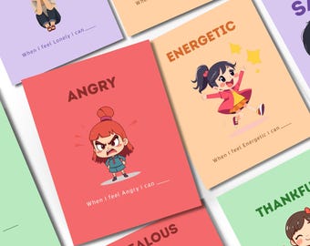 May include: A collection of colorful cards featuring cartoon illustrations of children expressing different emotions. The cards include the words "Angry," "Energetic," and "Jealous," with fill-in-the-blank prompts like "When I feel Angry I can..." and "When I feel Energetic I can..."