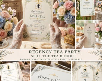 Regency Spill The Tea Party Bundle Template Vintage Floral Bridal Shower Kit Elegant Garden Party Invitation Menu Editable Canva Set