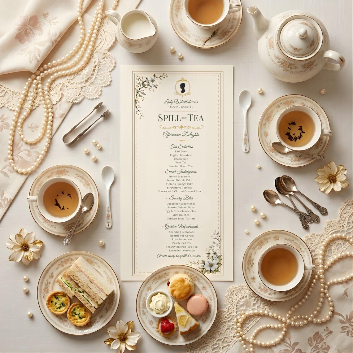 Spring Time High Tea Menu Card Bridgerton Tea Party Menu Template Editable Canva Menu Card 4x9 Bridal ...