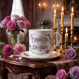 May include: A white ceramic mug with the text "The Objects of All My Desires" in a floral design, on a saucer with a spoon. The scene includes roses, candles, and a dark wooden table.