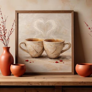 May include: A framed painting depicts two coffee cups with heart-shaped details, steam forming a heart shape above. The artwork is set on a wooden surface with terracotta vases and a small bowl. Red berries add a touch of color.