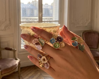 Colorful Floral Enamel Statement Ring, Gold Plated Artistic Flower Ring for Women, Bohemian Botanical Jewelry, Unique Gift for Her