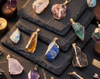 Raw Crystal Necklace, Gold Edged Amethyst, Rose Quartz, Citrine Pendant, Boho Jewelry