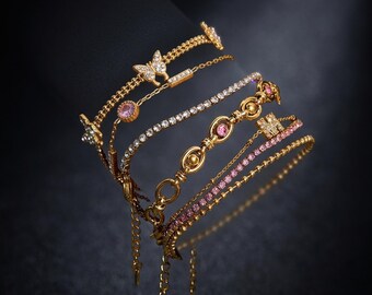 Gold Butterfly Initial Bracelet Set: Pink Crystal Tennis Chain Jewelry