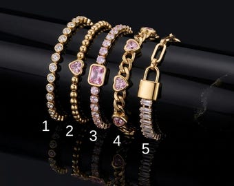 Gold Pink Heart Charm Bracelet Stack, Padlock Tennis Chain Jewelry