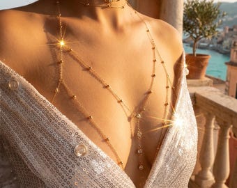 Gold Body Chain Jewelry, Layered Satellite Chain Necklace with Crystals, Boho Beach Jewelry, Dainty Chest Chain for Women, Summer Gift