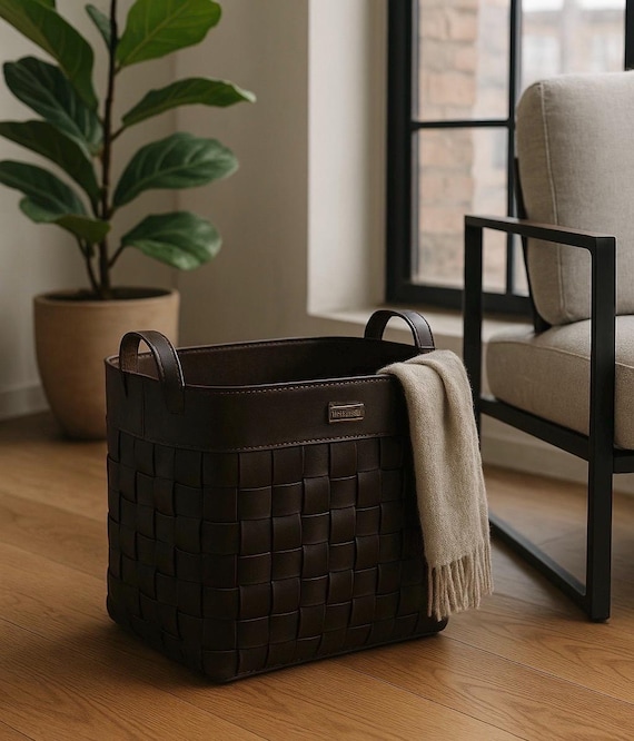 Dark Brown Woven Leather Storage Basket with Handles |Handcrafted Rectangular Leather Organizer |Modern Home Decor Bin| Blanket & Toy Holder