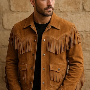 Op de afbeelding: Bruine suède jas met franjes op de mouwen, borst en rug. De jas heeft een knoopsluiting, twee voorzakken en een klassieke kraag. Het model draagt een zwart T-shirt.