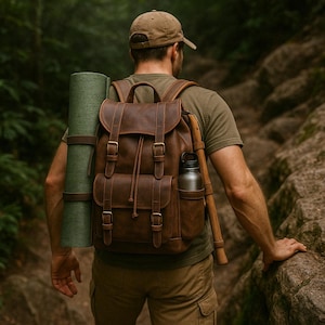 Op de afbeelding: Een bruine leren rugzak met meerdere vakken en riemen, een groene yogamat en een roestvrijstalen waterfles. De rugzak wordt gedragen door een persoon die op een pad wandelt. De persoon draagt een groen T-shirt en een kaki broek.