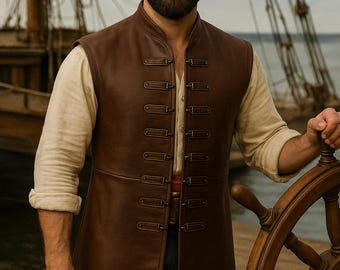 Handgjord piratväst i läder för män – Vintage brun fullnarvat läderväst, historisk steampunk cosplay-kostym av WildGrainLeatherC