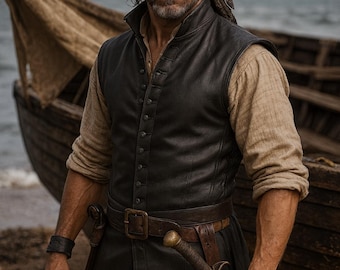 Handgjord piratväst i läder för män | Medeltida renässansdräkt | Tunika i fullnarvat läder | Viking Steampunk Cosplay av WildGrainLeather