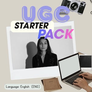 May include: A promotional image with the text "UGC STARTER PACK" in blue and pink. The image includes a black and white photo of a person, a laptop, a vintage camera, and notebooks. The words "Language: English (ENG)" are also visible.