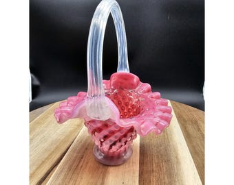 Fenton Cranberry Pink Opalescent Hobnail Basket Clear Handle  6"