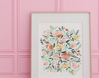 Blush pink watercolor wall art living room decor pink floral watercolor print pink bedroom art floral pink nursery