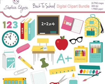 Back To School Clipart plus Free Paper, Instant Download
