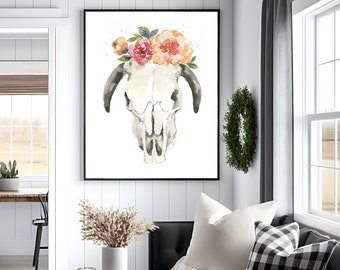 Farmhouse art watercolor cow skull cottagecore home decor floral wall art skull watercolor painting cow print