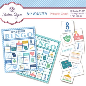 May include: A printable "My Baptism Bingo" game set. The set includes two bingo boards with themed images and words, calling cards, and instructions. The boards are 5" x 6.5" and the calling cards are 2" x 2". The game is designed for children.