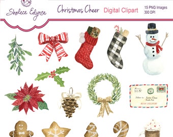 Cute Christmas Watercolor Clipart Digital, Instant Download for Cards, Tags, Invitations