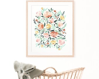 Pink nursery wall art watercolor floral painting blush pink nursery art baby room pink mint wall art copper