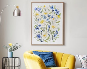 Daisies watercolor wall art blue yellow farmhouse print cottagecore decor floral watercolor print