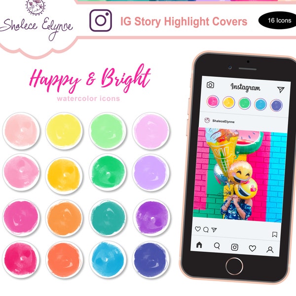 16 Instagram Highlight Covers Watercolor Happy and Bright | Instagram Icons Stories Colorful | Instagram Posts