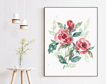 Red Roses Watercolor Floral Wall Art Print