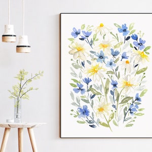 Printable floral wall art watercolor blue yellow decor diy printable watercolor art image 2