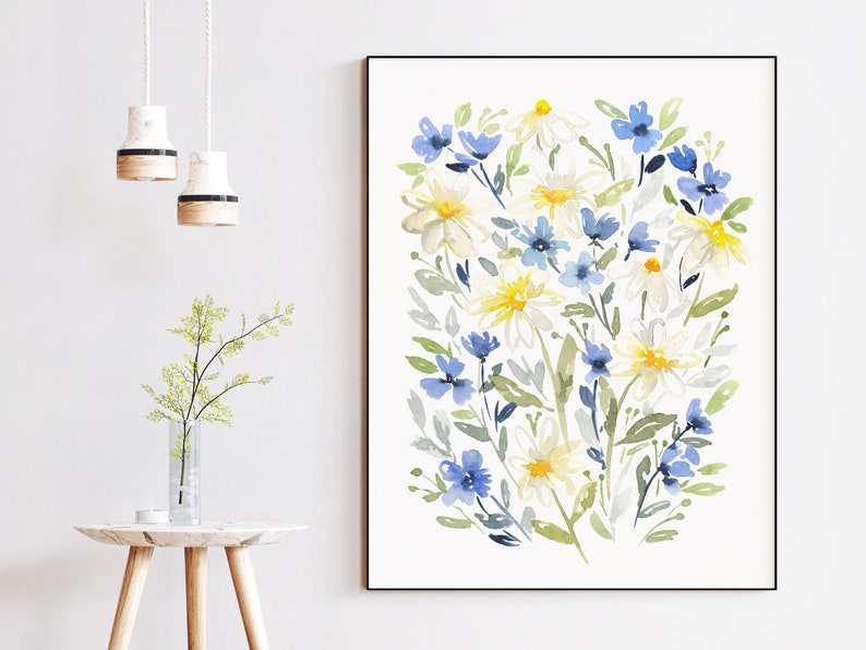 Printable floral wall art watercolor blue yellow decor diy printable watercolor art image 2