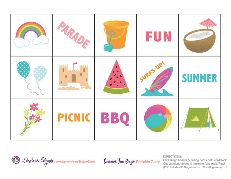 Summer Fun BINGO Printable Game, Instant Download image 2