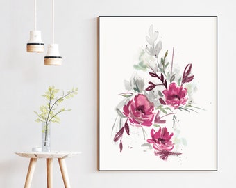 Fuchsia Watercolor Floral Wall Art Print | Burgundy Hot Pink Flowers Painting