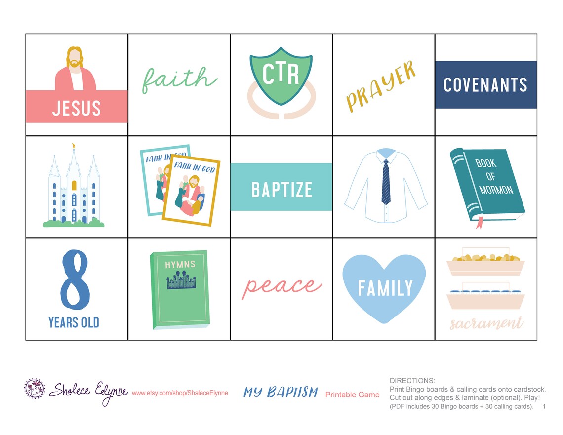 LDS Baptism BINGO Printable Game, Instant Download | Stake Primary ...