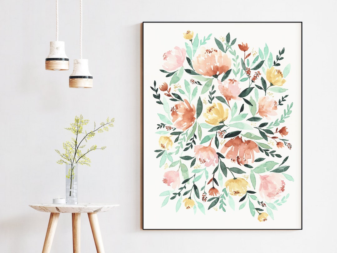 Floral Wall Art Watercolor Living Room Floral Art Blush Mint Watercolor ...