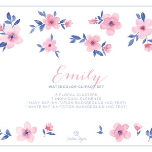 Watercolor Floral Clip Art Emily Pink and Navy Blue image 2